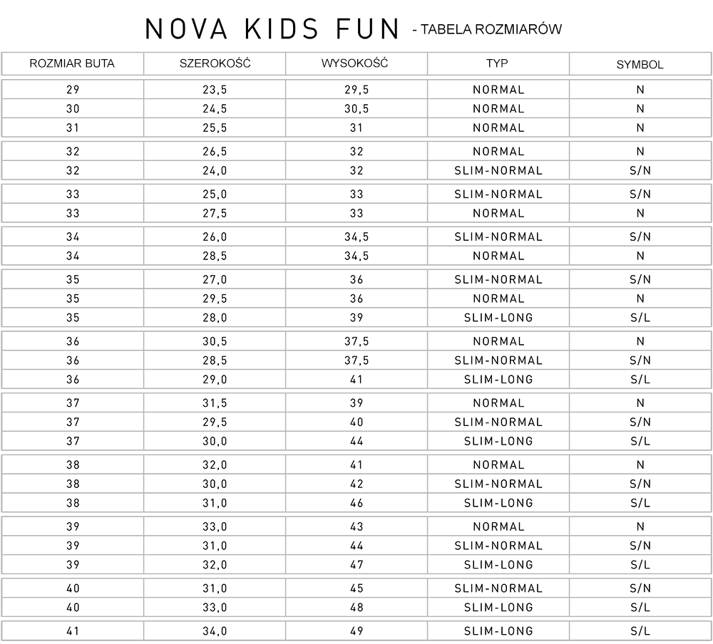 Tabela rozmiarów - oficerki Nova Kids